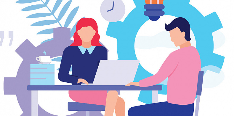 Illustration of two figures sitting at a table. Female figure is typing on a laptop. There is a lightbulb above the two figures.