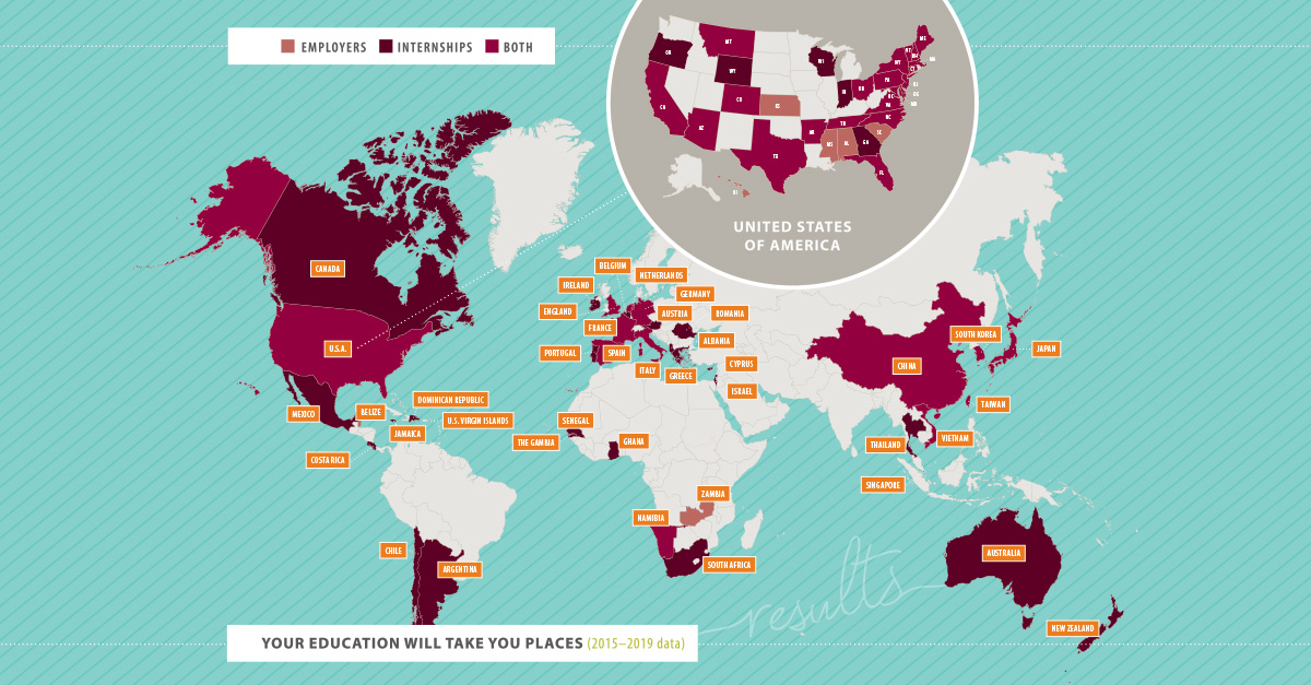Map of locations where Su student study abroad
