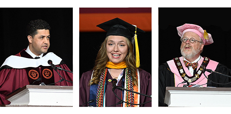 From left are Commencement speaker Baktash Ahadi '05, SGA President Sarah Bower '25 and University President Jonathan Green.