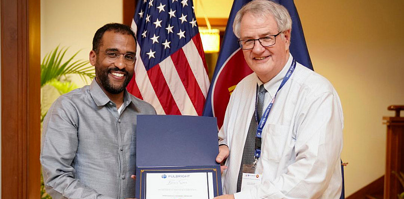 Bruce Svare '71 with U.S. Mission to ASEAN Ambassador Johannes Abraham at the ambassador's residence in Jakarta, Indonesia.